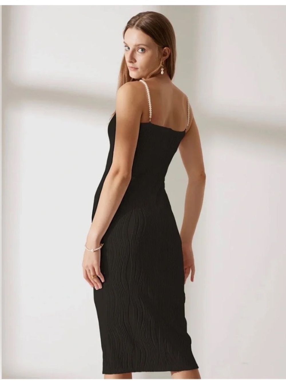 RIHOAS Black Midi Dress with Pearl Straps